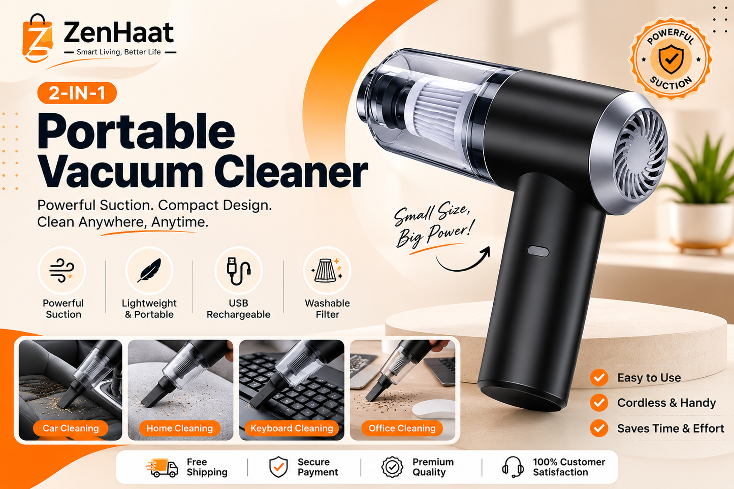 Clean Anywhere in Seconds | ZenHaat 2-in-1 Portable Vacuum Cleaner